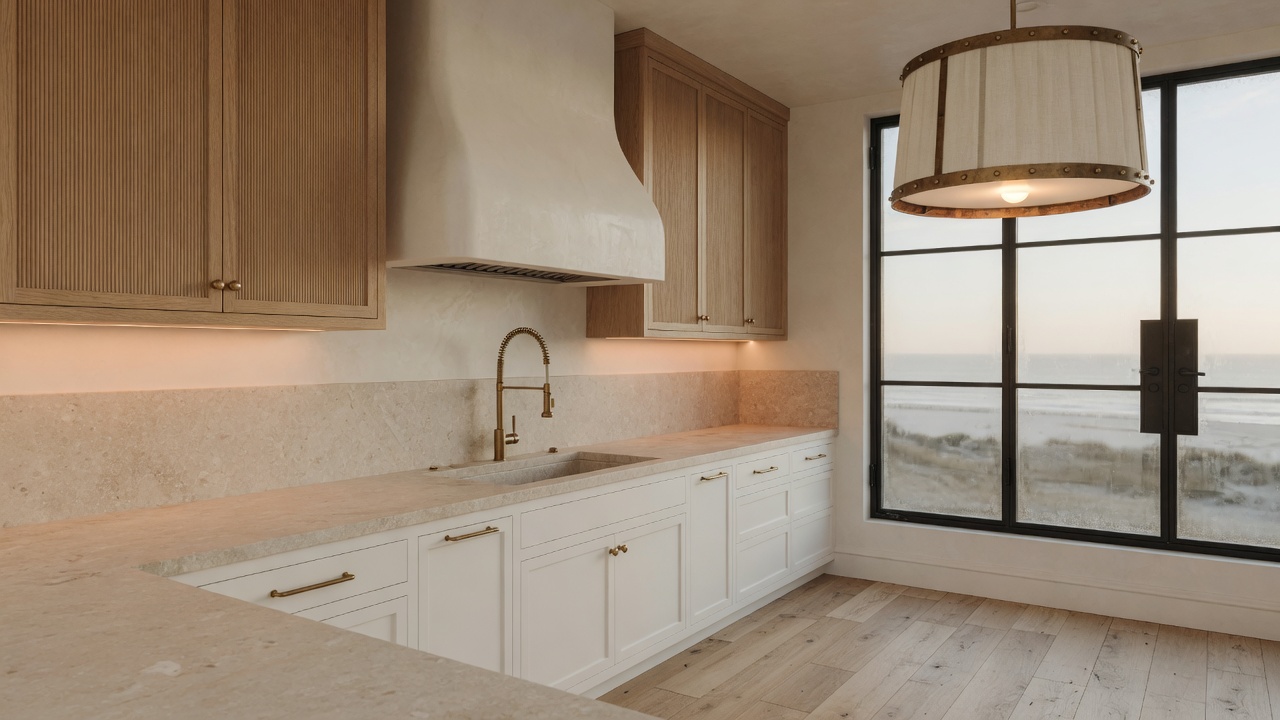 Rendered study of the kitchen — island, range wall and windows to the water.